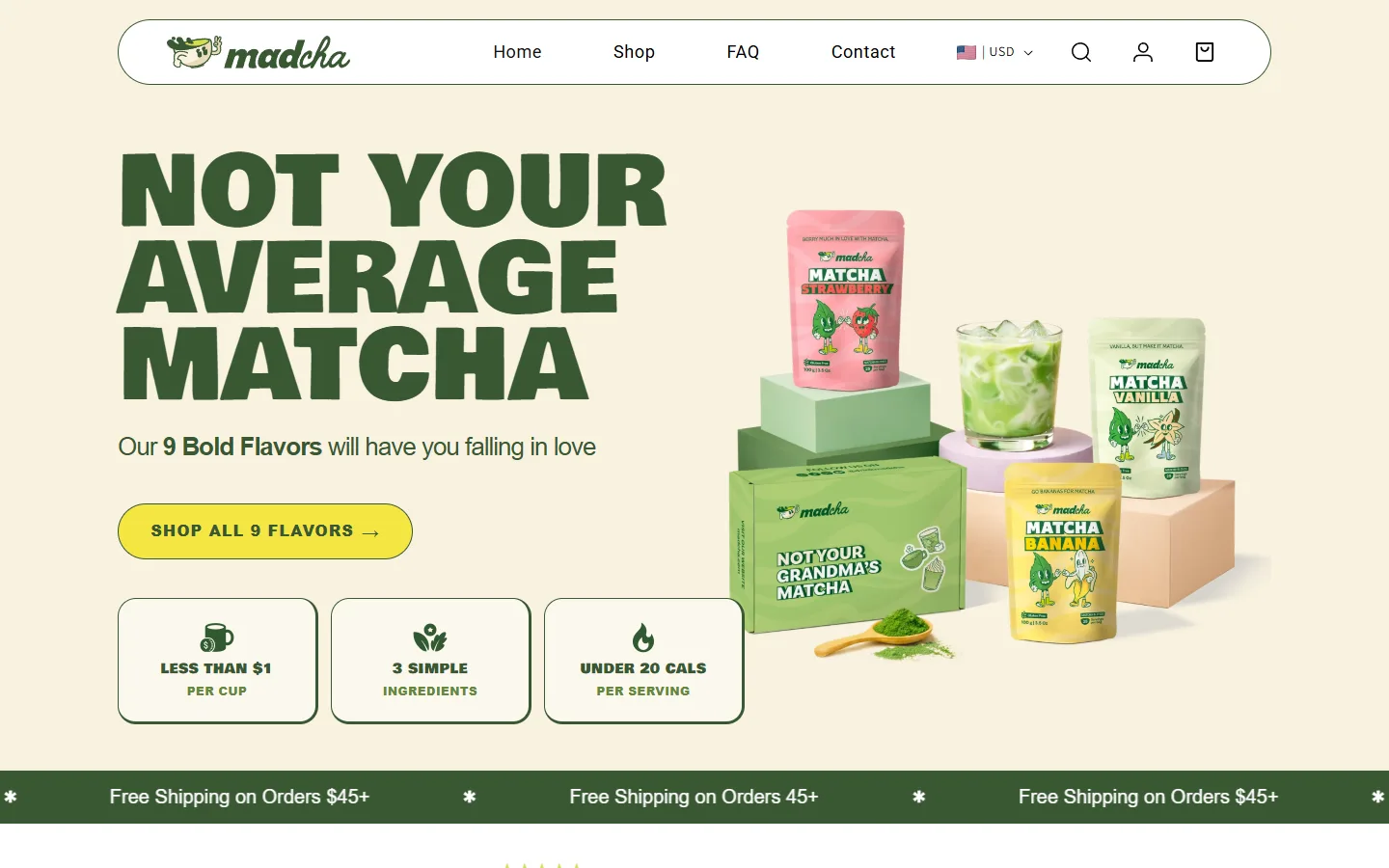 The madcha.com homepage: Not your average matcha, with strawberry, vanilla and banana pouches
