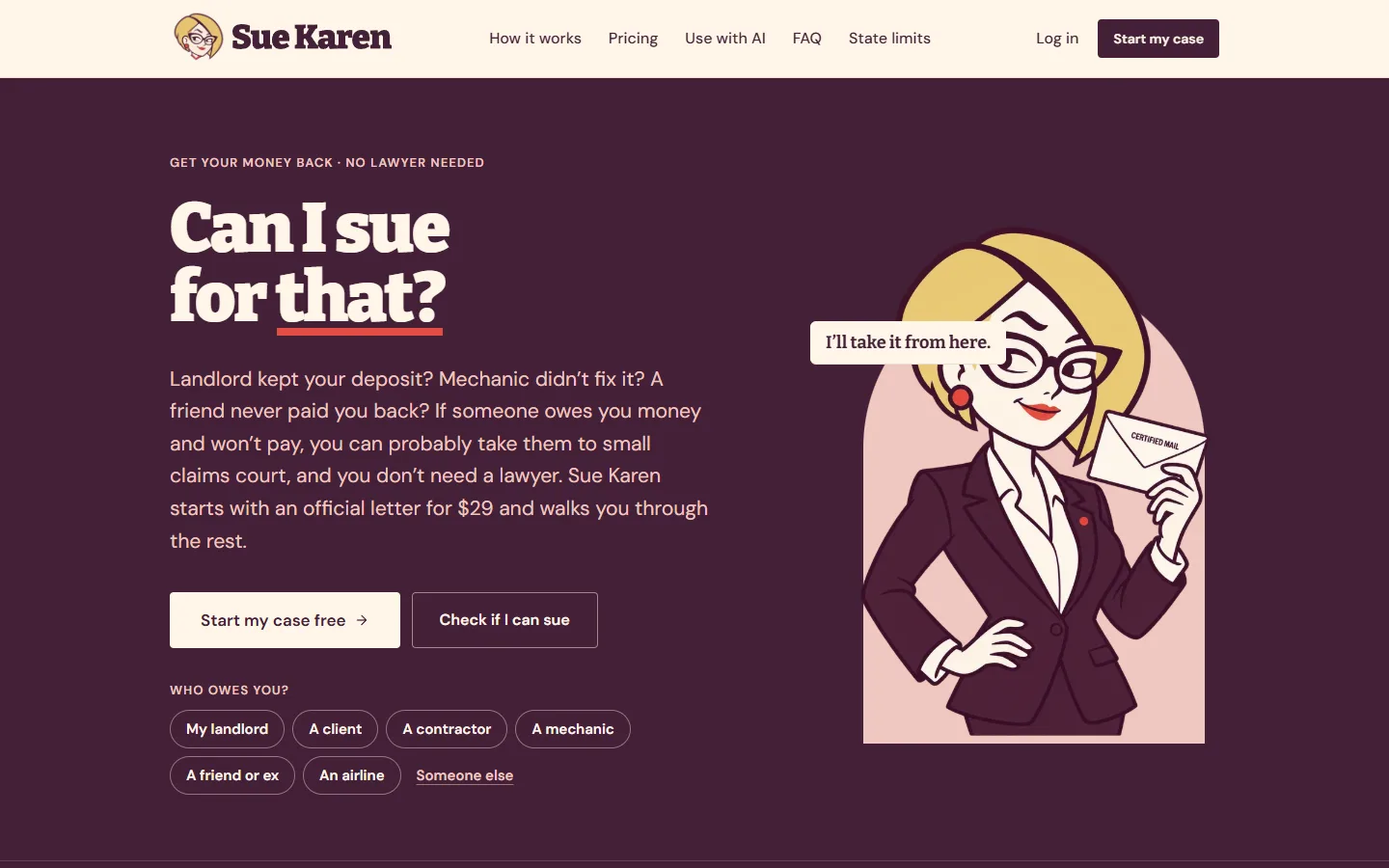 The suekaren.com homepage: Can I sue for that?, with Sue holding a certified letter
