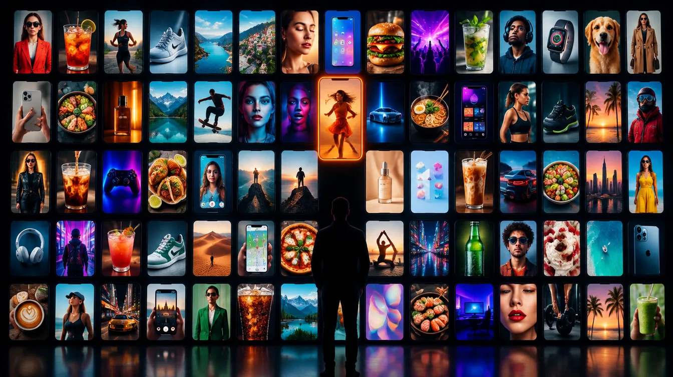 A wall of ad screens, each starring the same character